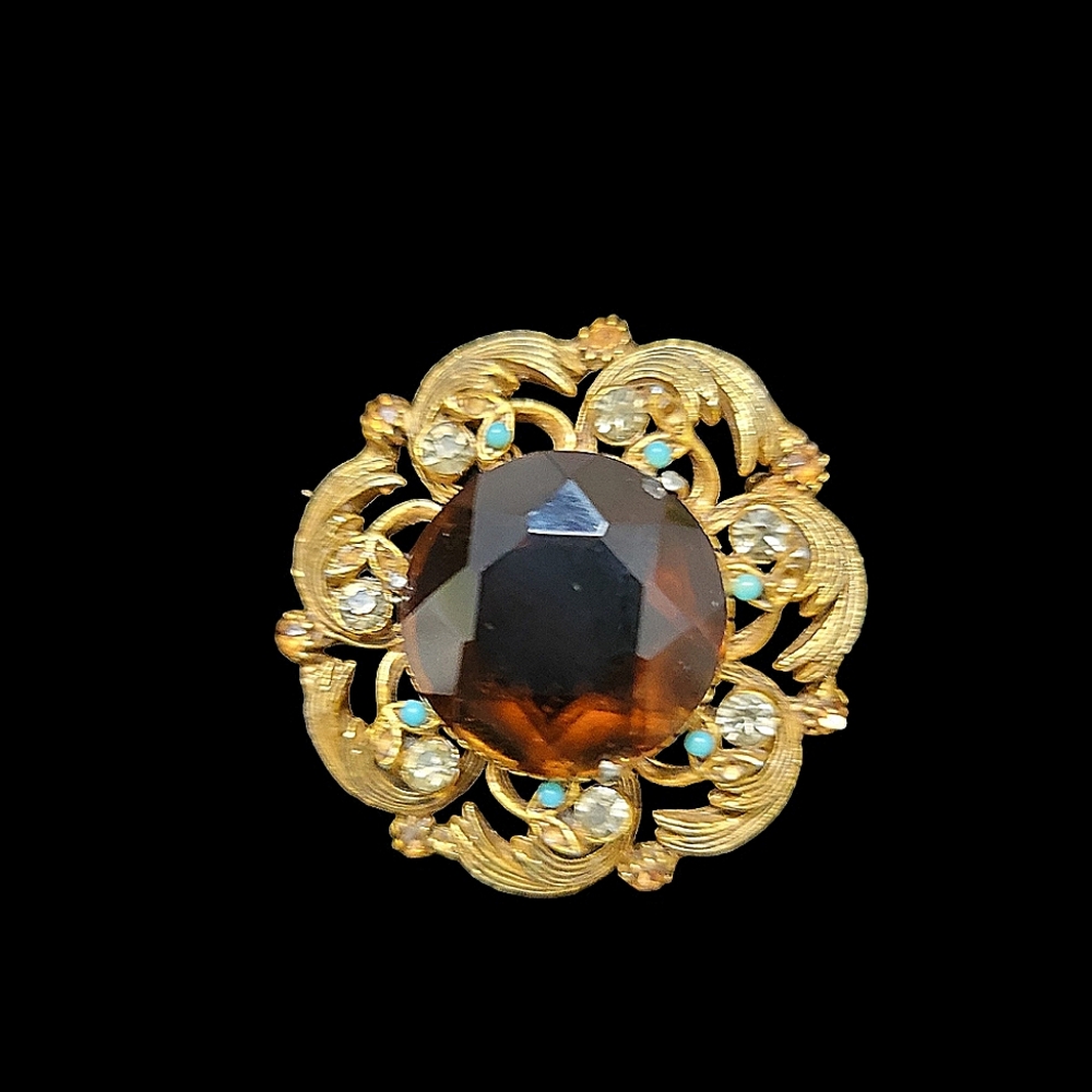 Vintage Goldtone Brooch Pin with Large Faux Topaz, Turquois & Rhinestones 1.75"